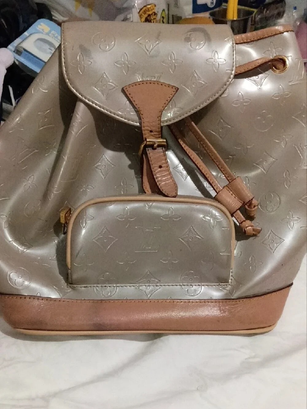 Louis Vuitton Metallic Taupe Drawstring Monogram Backpack with Tan Trim